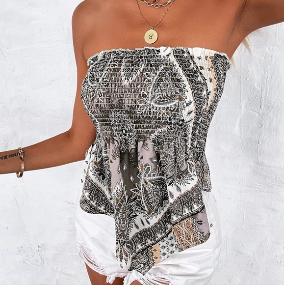 SOLD! Brown Floral Print Strapless Bandeau - Picture 4 of 6